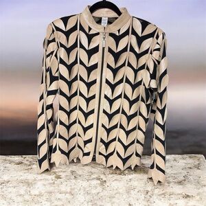 Vintage Funky Black Rayon and Beige Leather & Jacket - Size Medium